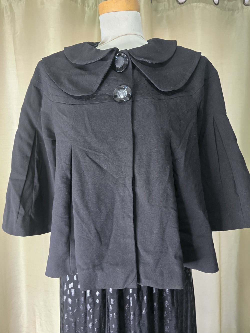 Lapis Black Short Cape Jacket with Decorative Buttons